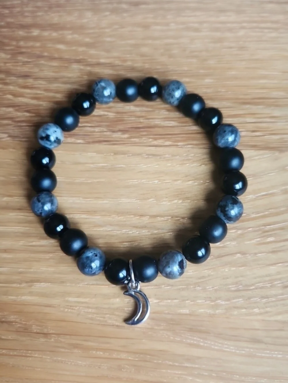 Gray Larvikite & Black Onyx Beaded Stretch Bracelet - Handmade